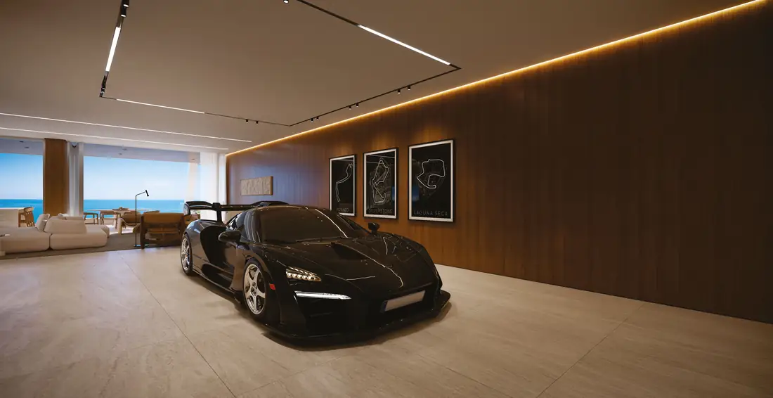 Carro integrado ao living da mansão suspensa