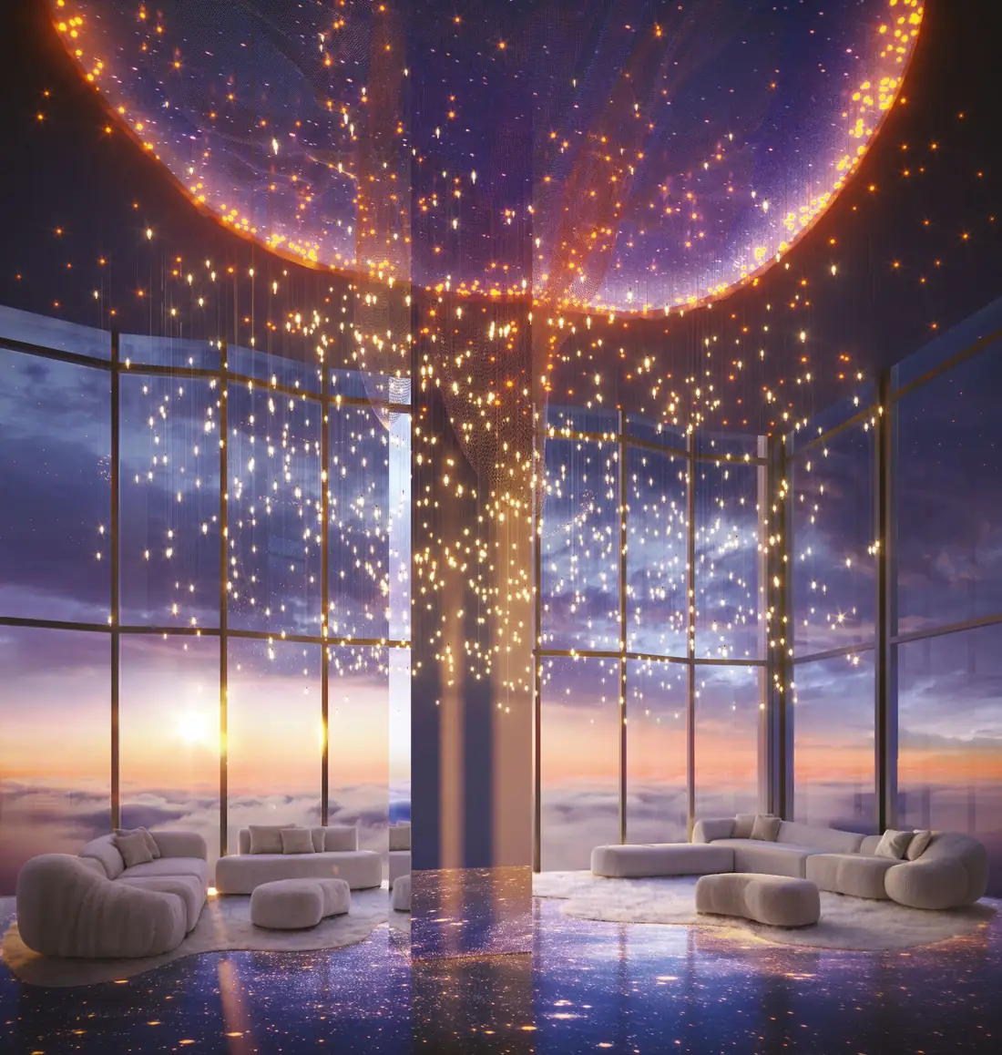 Salão de festas iluminado ao entardecer