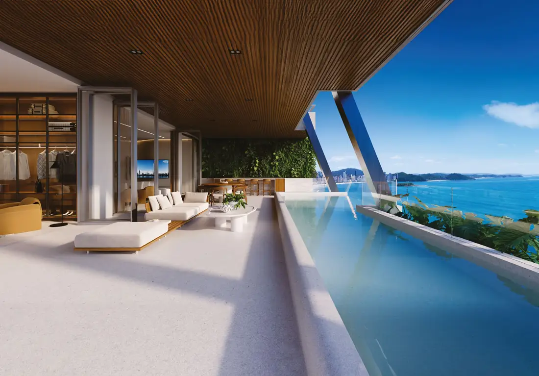 Terraço com piscina de borda de vidro em balanço